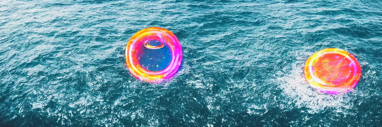 Prompt: a giant glowing frisbee floating in the ocean, galaxy, hyper realistic, epic lighting, cyberpunk, wide angle lens