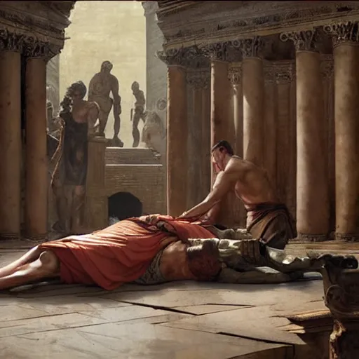 Prompt: brutus, regretting his actions, kneeling over the slumped body of julius caesar in the middle of the roman senate, fantasy art by greg rutkowski