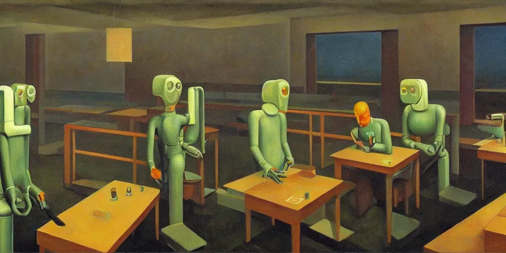 Prompt: intelligent robots at a control panel plotting our destruction, grant wood, pj crook, edward hopper, oil on canvas