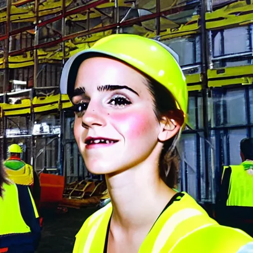 Prompt: photo, close up, emma watson in a hi vis vest, in warehouse, disposable camera,