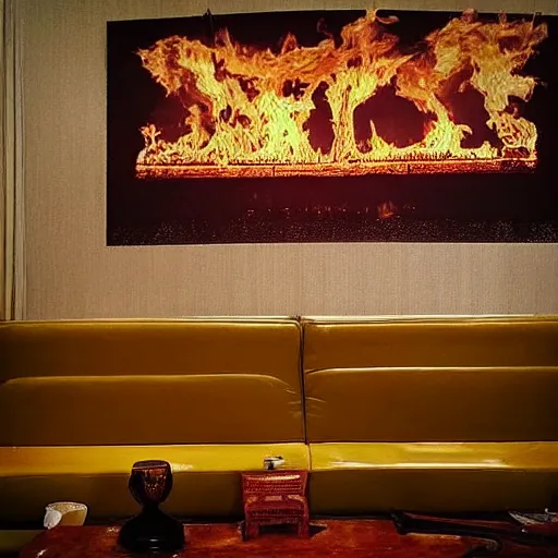 Image similar to “ burning sofa in hotel lobby, twin peaks style aesthetic ”