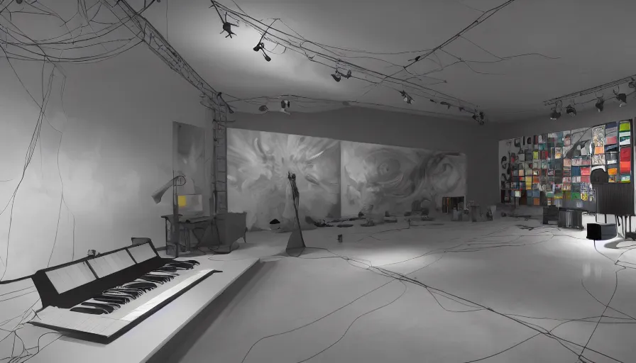 Image similar to a backdrop for a tv show about experimental music and art, ultra - realistic, 4 k, color, trending on artstation