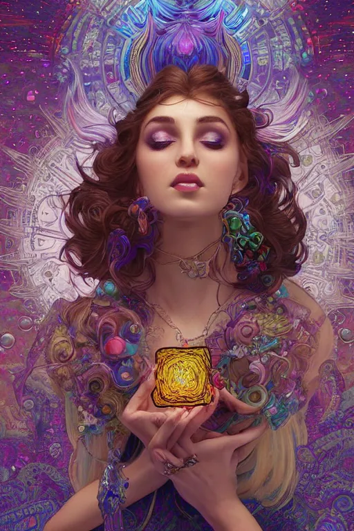 Prompt: psychedelic, intricate, highly detailed, digital painting, 4k, illustration, gorgeous seductive Goddess holding a black cube hovering above the sea, with professional makeup, long trippy hair, surrounded by gems, underneath the stars, trending on patreon, deviantart, twitter, artstation, volumetric lighting, heavy contrast, by artgerm and Greg Rutkowski and alphonse mucha