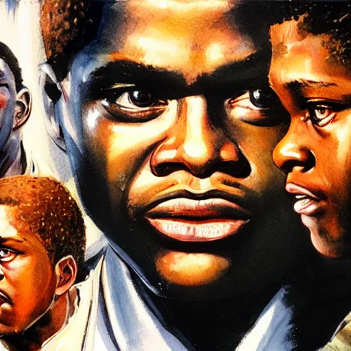 Image similar to photorealistic picture, by bob peak and alex ross, boyz n the hood, gouache and wash paints, fine details, fine intricate, fine facial proportionate, fine body proportionate, fine fix broken line, fine fix duplicate line, smooth focus, sharp details, bokeh, 4 k, fine 5 k details