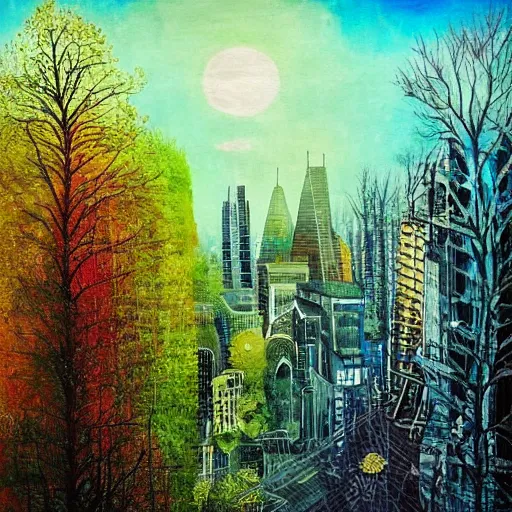 Image similar to Beautiful city of the future, overgrown with trees and plants. Nice colour scheme, warm colour. Beautiful artistic painting by artist Lurid. (2022)