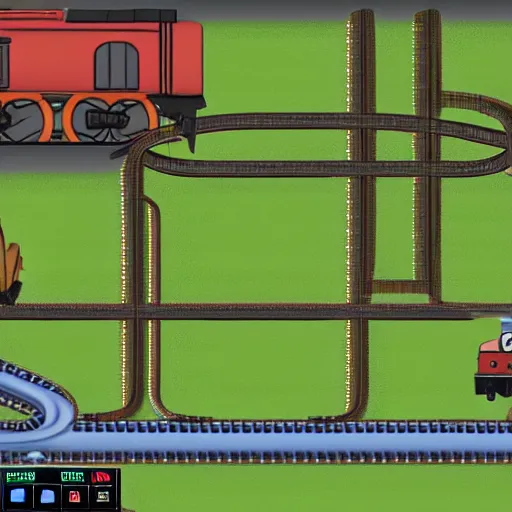 Prompt: thomas the tank engine running over a factorio engineer