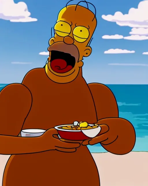 Prompt: film still close - up shot of homer simpson eating eggs on the beach from the tv show rick & morty. photographic, photography