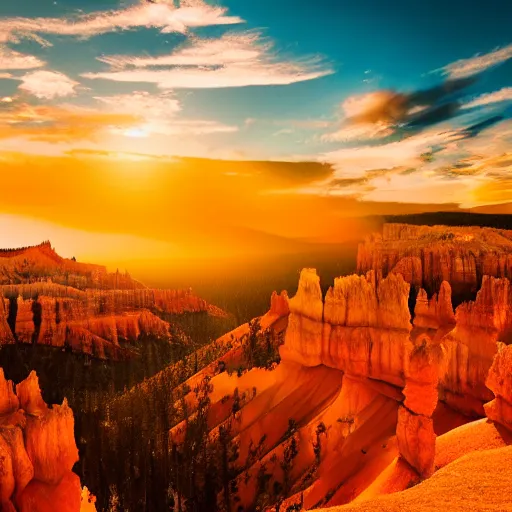 Image similar to sunset light landscape with bryce canyon, lots of sparkling details and sun ray ’ s, blinding backlight, smoke, volumetric lighting, colorful, octane, 3 5 mm, epic colored reflections, very colorful heavenly, softlight