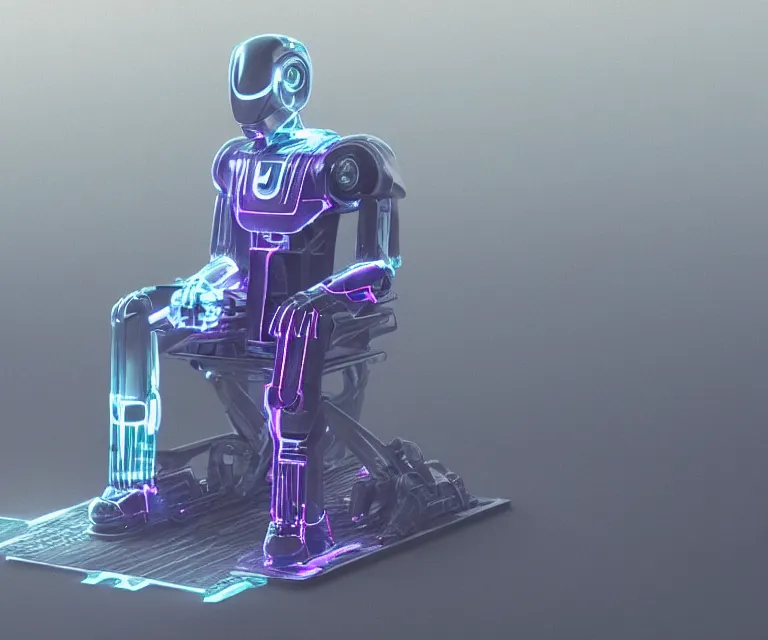 Image similar to glowing translucent robot sitting on an throne, futuristic castle background, fantasy sci - fi, sharp lines, metallic, 2 0 0 mm focus