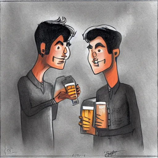 Image similar to two beautiful men drinking beer, red hearts, sadness, dark ambiance, concept by Godfrey Blow, featured on deviantart, drawing, sots art, lyco art, artwork, photoillustration, poster art