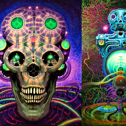 Prompt: sinister eldritch neural diaphanous skullpunk spirits in the enchanted intergalactic mecha garden, man - machine chimeric beholder polyphemous by okuda san miguel by jerimiah ketner by tatsuyuki tanaka by agostino arrivabene and wayne england