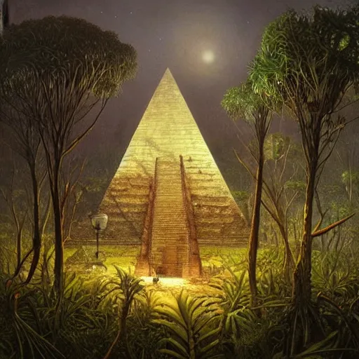 Prompt: a hyperrealistic painting of an overgrown derelict egyptian pyramid in the middle of an alien jungle, bioluminescent plants, by john kenn mortensen and zdzislaw beksinski, highly detailed, vivid color,