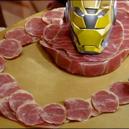 Image similar to a deli meat ham slices suit that resembles ironman, covered with slices of ham, movie still, 8 k