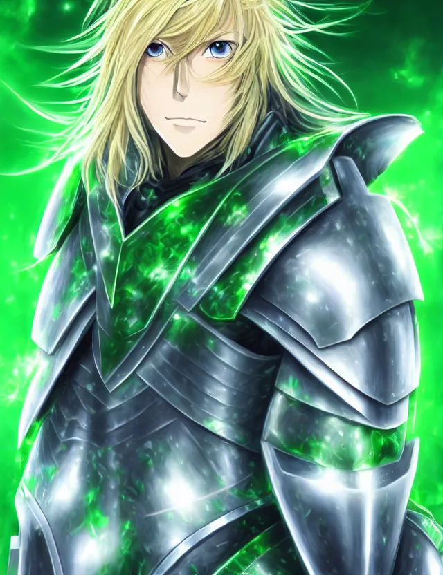 Prompt: an anime portrait of a long haired blonde man with blue eyes in green plate armour glowing with green energy, trending on artstation, digital art, 4 k resolution, detailed, high quality, sharp focus, hq artwork, coherent, insane detail