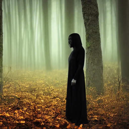 Prompt: long shot of a scary woman wearing all black, standing in the forest, melancholic, dreary, horror, creepy, glows, dark lighting, ambient lights, cinematic lighting, sinister, digital art,