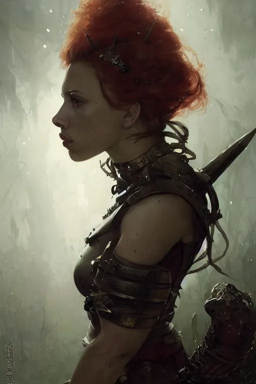 Image similar to scarlet johansson, legendary warrior, heroic fighter, dungeons & dragons, tattoos, decorative ornaments, battle armor, by carl spitzweg, ismail inceoglu, vdragan bibin, hans thoma, greg rutkowski, alexandros pyromallis, perfect face, detailed, sharply focused, centered, rule of thirds, realistic shading