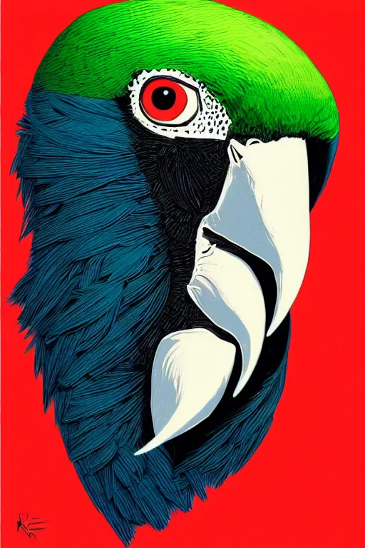 Prompt: a vibrant ultraclear sideview waist up portrait of parrot wearing black cape hoodie!! by rene magritte and laurie greasley and kilian eng and josan gonzalez, ( ( etching by gustave dore ) ), colorful flat surreal, ethereal, intricate, sharp focus, illustration, highly detailed, digital painting, concept art, masterpiece