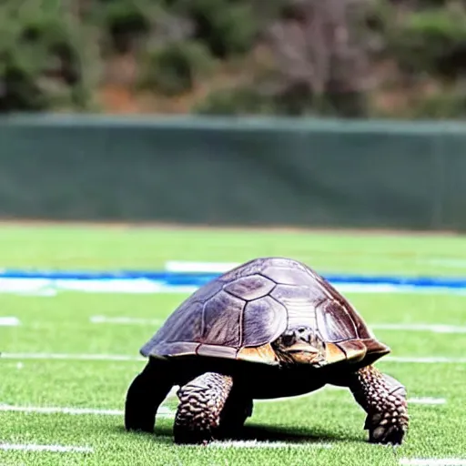 Prompt: a turtle sitting on a football is kicked on the field by a bear