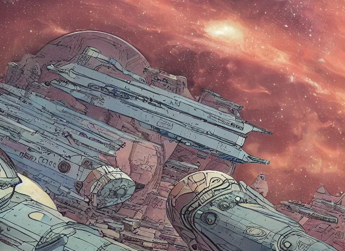 Image similar to close up view of a bustling space port on an alien planet by jeff darrow and moebius, earth and pastel colors, dramatic perspective, highly detailed, ultra realistic, masterpiece, 4 k, 8 k
