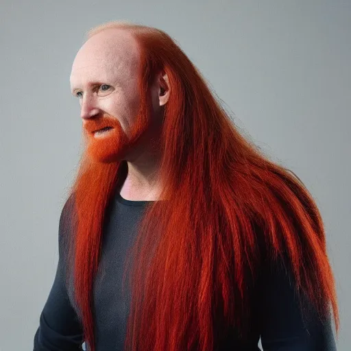 Prompt: photograph of a male red haired, middle aged balding superhero