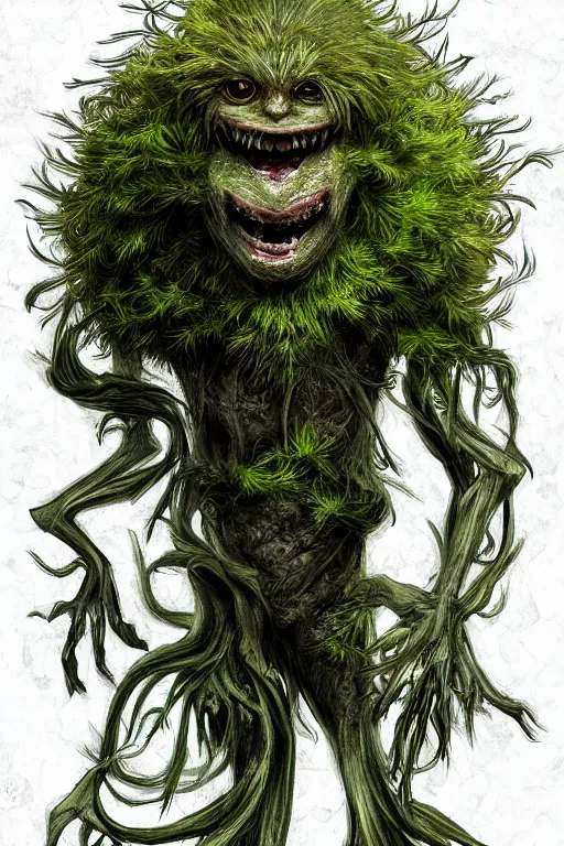 Image similar to a humanoid figure dandelion moss plant monster, large eyes and menacing smile, highly detailed, digital art, sharp focus, trending on art station, anime art style