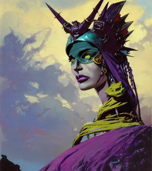 Image similar to evil princess of the wasteland, scrap metal headdress, strong line, deep color, yellow purple, cloudy sky, beautiful! coherent! by brom, by frank frazetta, low angle