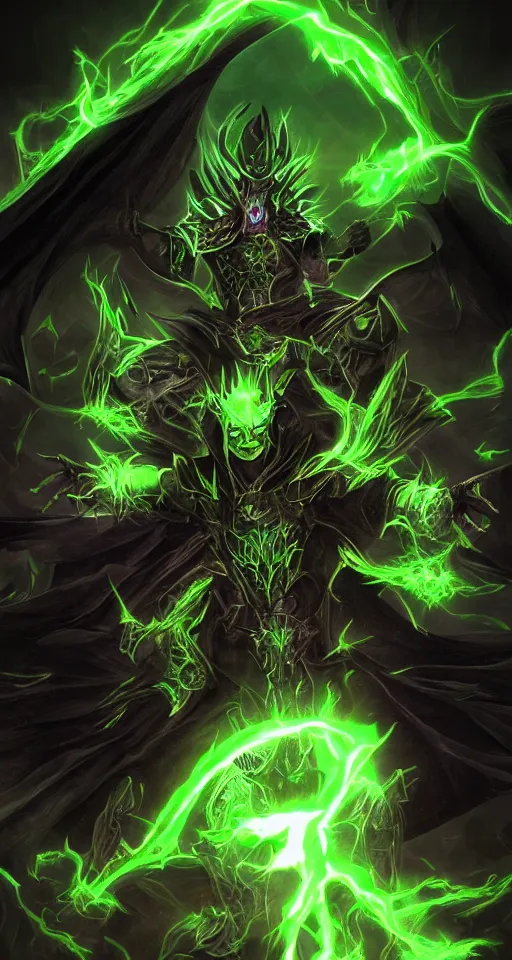 Image similar to illustration of dark priest holding green lightning, black halo, evil, power, green mist, scary, photorealistic, unreal engine, hellish background , Mtg , Dnd ,