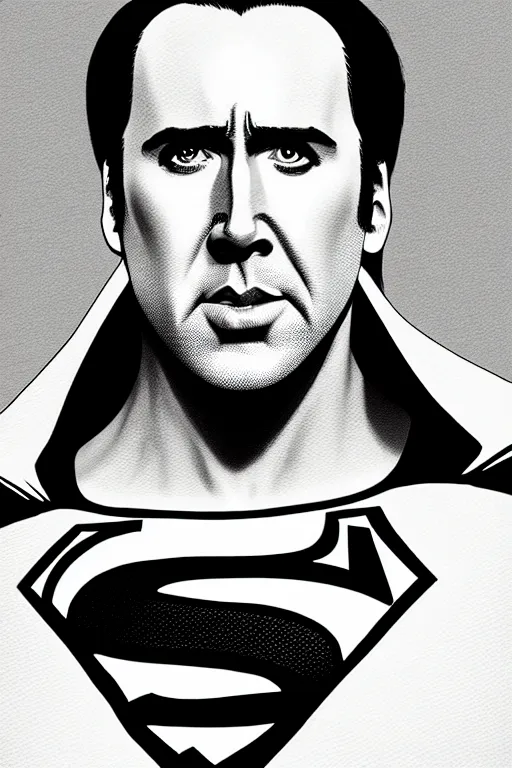 Image similar to portrait of nicolas cage as superman looking away from the camera, intricate, hyperrealistic, drawn as a manga character, artstation