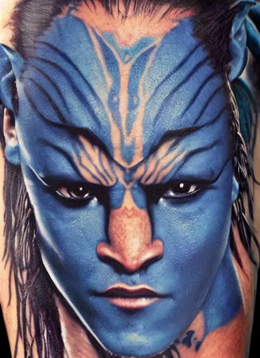Image similar to johny Depp in the movie avatar as blue creature, tattoo's, warrior, movie poster