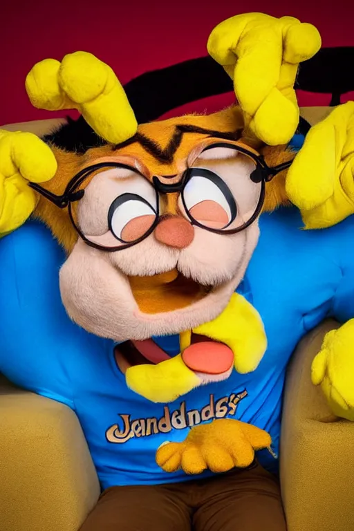 Image similar to portrait of Jacksfilms dressed in Garfield costume, starring in live-action adaptation of the comics, cosplay photograph,