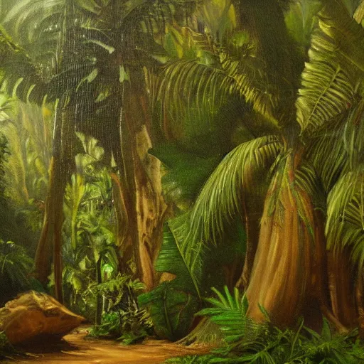 Image similar to an oil painting of a treasure lost in a lush rainforest