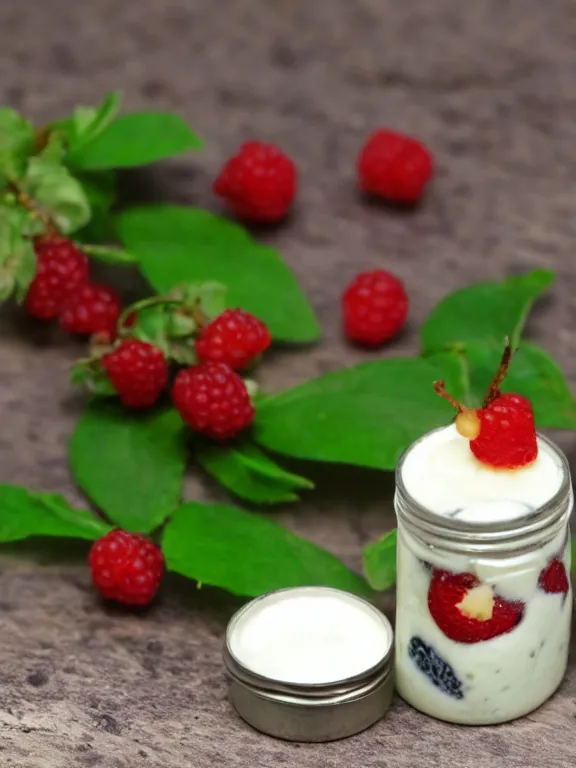 Prompt: miniature diorama of yogurt bottle with fruits