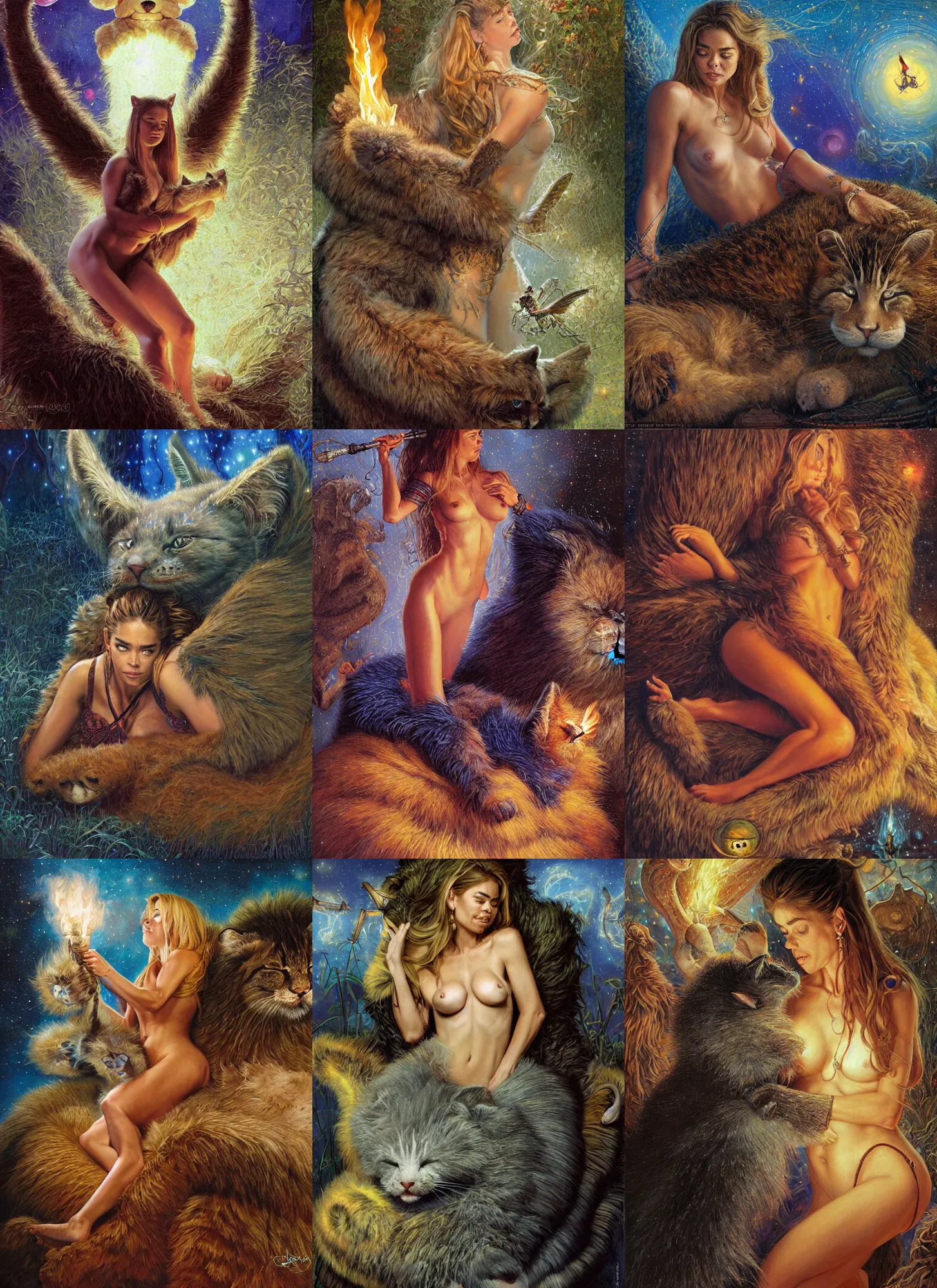 Prompt: portrait of Denise Richards snoozing on her giant fuzzy cat beast, torches and fireflies, mystical dark eerie night, Donato Giancola, WLOP, Artgerm, Mark Keathley, Victor Nizovtsev, Carlos Shwabe, Ross Tran, WLOP