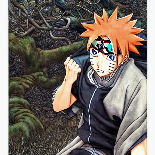 Image similar to photo of anime-style Naruto in the style of Arthur Rackham, realistic, wide focus, 8k ultra, insanely detailed, intricate, elegant, art by Laurie Lipton, digital art by James Clyne, art by Steve Hanks