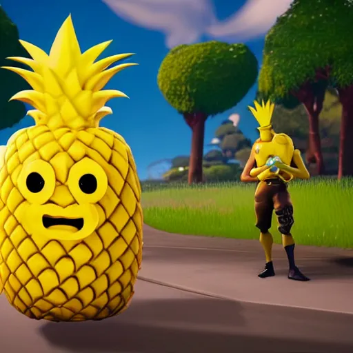 Image similar to anthropomorphic pineapple filled with beans, the bean - filled anthropomorphic pineapple is playing the video game fortnite, there are beans on the ground next to the pineapple