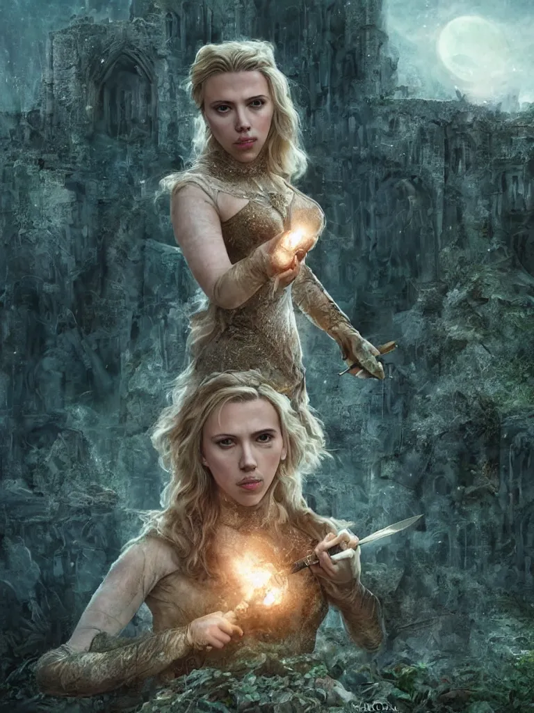 Prompt: portrait of scarlett johansson as a fairy medieval in a ruined castle holding a knife, decolletage, confident pose, coherent, insane detail, concept art, character concept, cinematic lighting, global illumination radiating a glowing aura