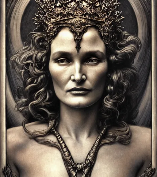 Image similar to detailed realistic beautiful young jessica lange as queen of mars face portrait by jean delville, gustave dore and marco mazzoni, art nouveau, symbolist, visionary, gothic, pre - raphaelite. horizontal symmetry by zdzisław beksinski, iris van herpen, raymond swanland and alphonse mucha. highly detailed, hyper - real, beautiful