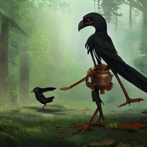 Image similar to concept art painting of an anthropomorphic crow person with steampunk clothes, in the deep forest, realistic, detailed, cel shaded, in the style of makoto shinkai and greg rutkowski and james gurney