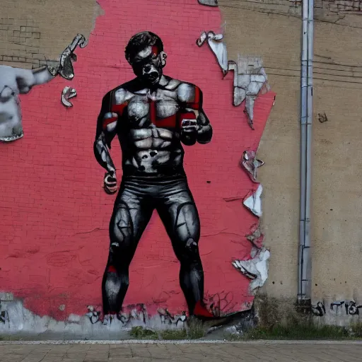 Image similar to Gigachad Muscular Red Forman Flexing, Urban Graffiti Banksy, Bordalo, trending on artstation