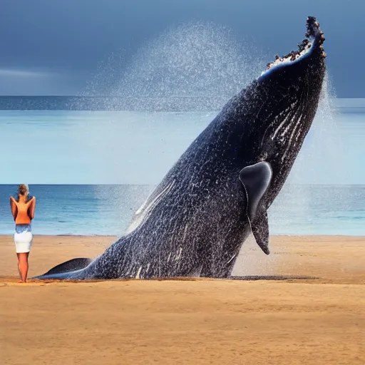 Prompt: whale exploding on a beach with people standing nearby hyperrealistic 4 k