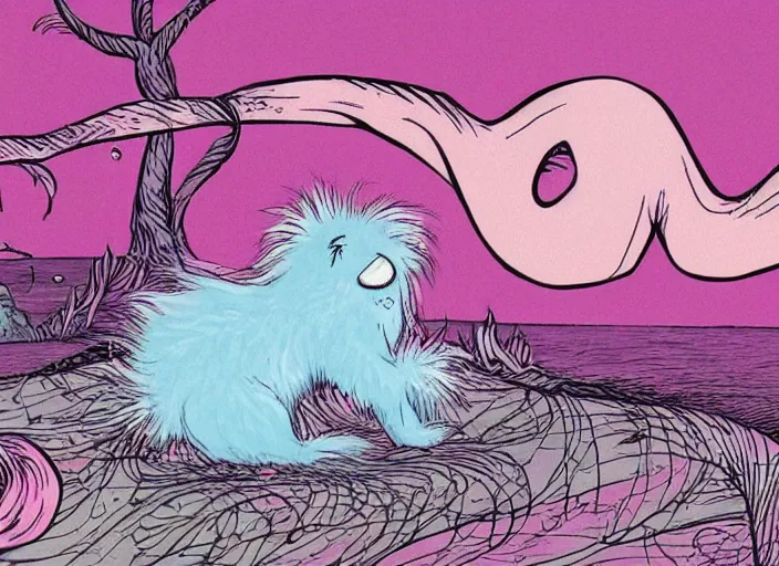 Image similar to dr. seuss sad lonely pretty pink fluffy depressed creature on an island | female | cute but very sad | pity | midnight paintings | intricate detail | bold colors | illustration | lonely barren dreary island | detailed environment