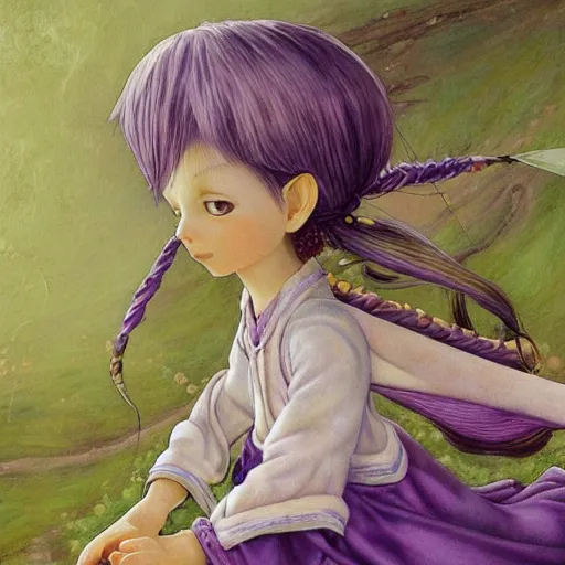 Image similar to little elf tomboy, tunic, soft hair. light color palate, purple, yellow and white. detailed soft painting, ayami kojima, made in abyss, anatomically correct, inspired in balthus