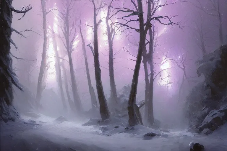 Image similar to a beautiful oil painting of a valley covered in snow, trees with purple, thunderstorm in the sky, blue lighting, gloomy, atmospheric lighting, detailed, beautiful!!, purple bioluminescence, by greg rutkowski, trending on artstation