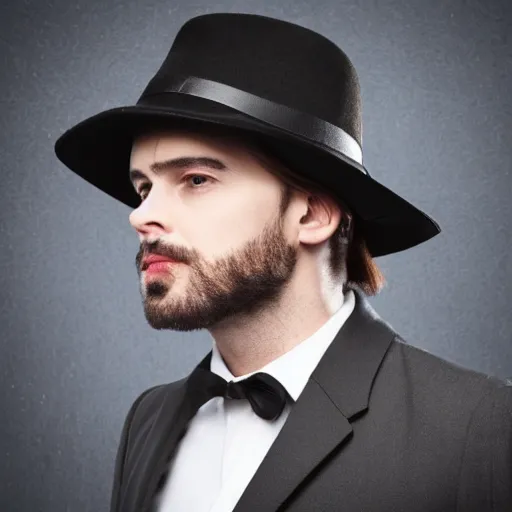 Image similar to a gentleman wearing a black leather hat, cinematic style, front view, cool looking