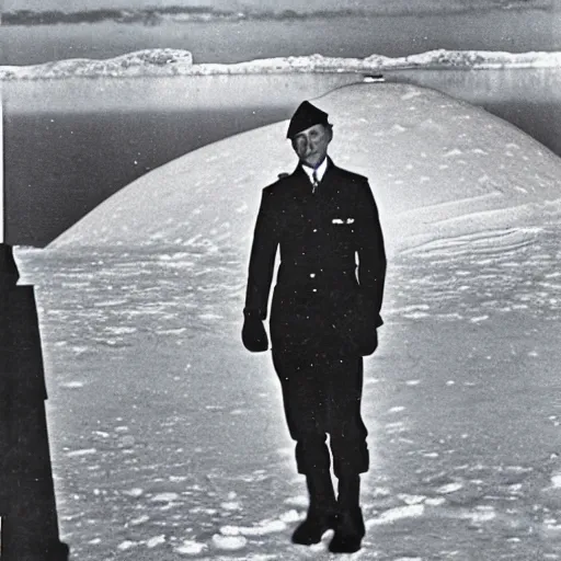 Prompt: 1937s photo ss officer with a ufo on Antarctica,