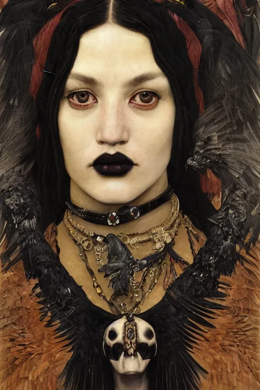 Prompt: portrait of a goth shaman with the head of a raven, by Annie Swynnerton and Nicholas Roerich and John Bauer and John William Godward and Donato Giancola and Vermeer, black leather and embroidered velvet, iridescent beetles, rich color, dramatic cinematic lighting, featured on Artstation, extremely detailed