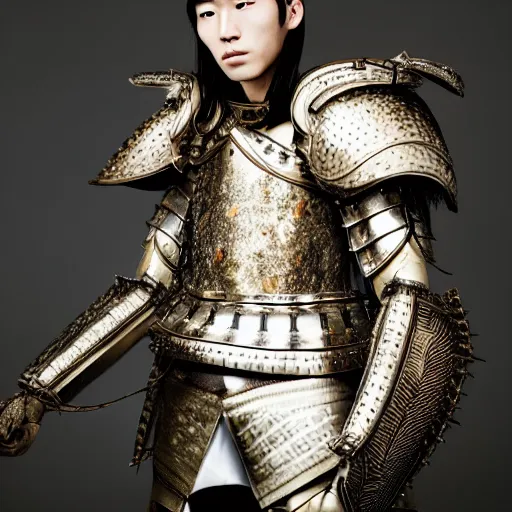 Image similar to a portrait of a beautiful young japanese male wearing an alexander mcqueen armor , photographed by andrew thomas huang, artistic