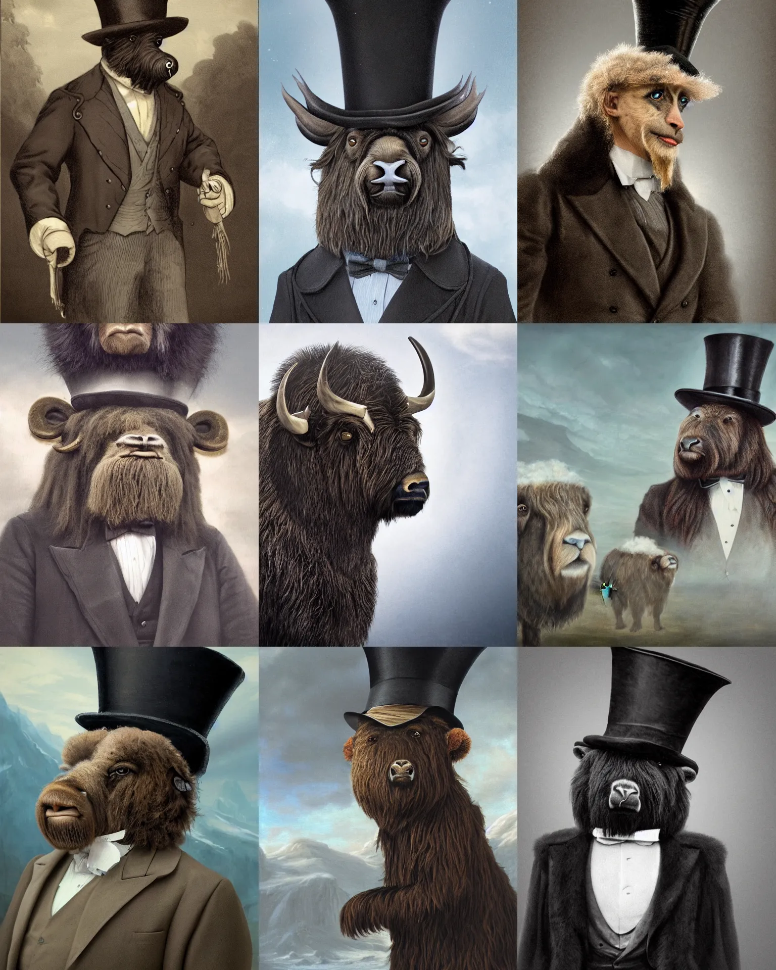 Prompt: highly detailed portrait photo of an anthropomorphic mutant with the head of a musk ox, wearing a overgown and a top hat in a dystopian scenic environment, hyperrealistic Illustration