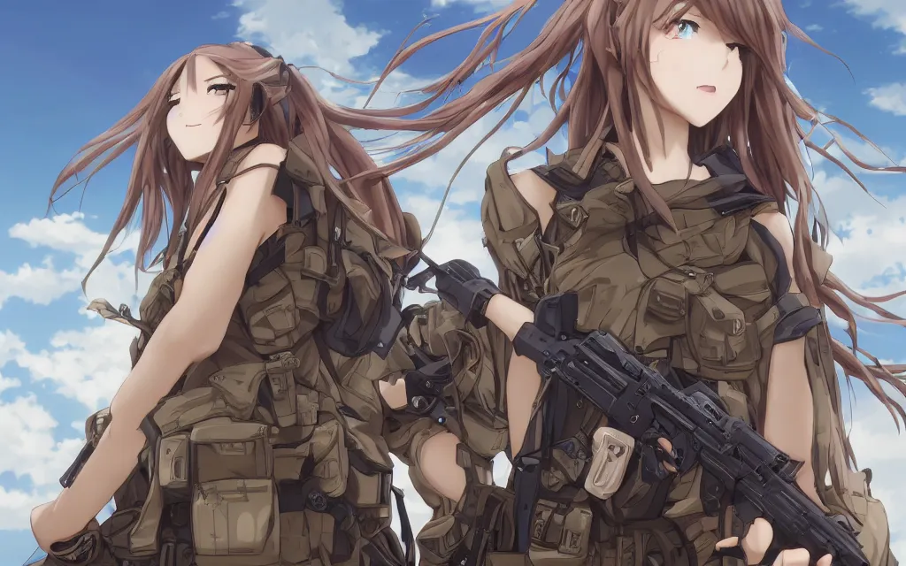 Image similar to infantry girl, anime style, long hair, hair down, symmetrical facial features, explosions, from girls frontline, combat clothes, filming camera, hyper realistic, pale skin, 4 k, rule of thirds, extreme detail, detailed drawing, trending artstation, hd, fantasy, d & d, realistic lighting, by alphonse mucha, greg rutkowski, sharp focus, backlit