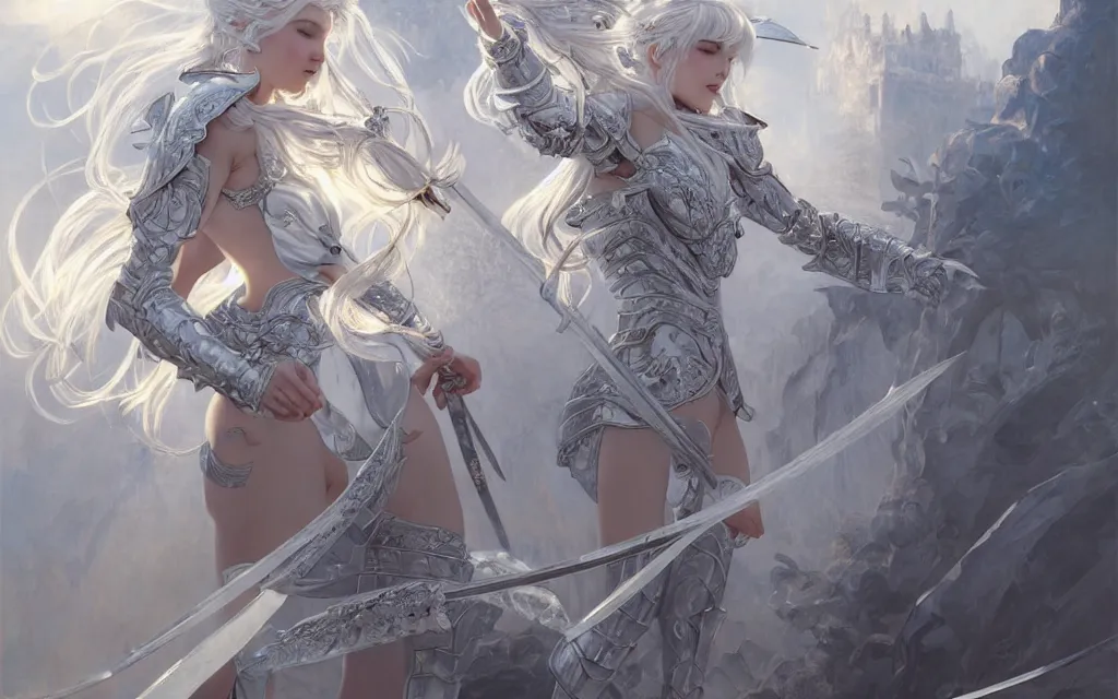 Prompt: white hair knights of zodiac girl, sliver ice color reflected armor, bushido fighting in ruined agora of athens sunrise, ssci - fi and fantasy, intricate and very very beautiful and elegant, highly detailed, digital painting, artstation, concept art, smooth and sharp focus, illustration, art by tian zi and wlop and alphonse mucha